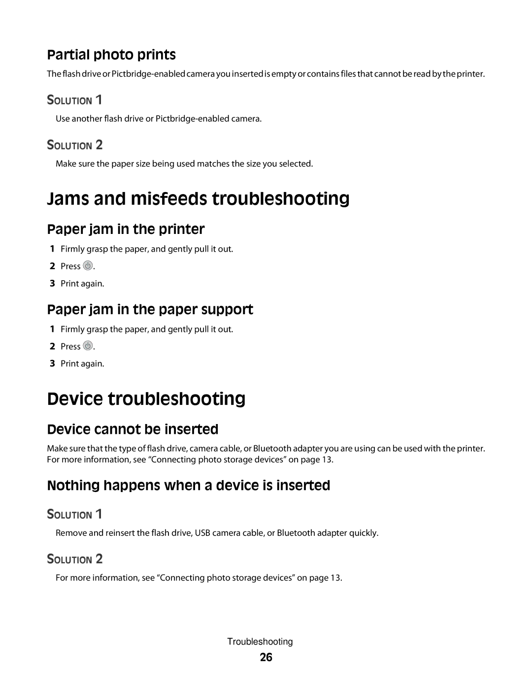 Lexmark P200 Series manual Jams and misfeeds troubleshooting, Device troubleshooting 