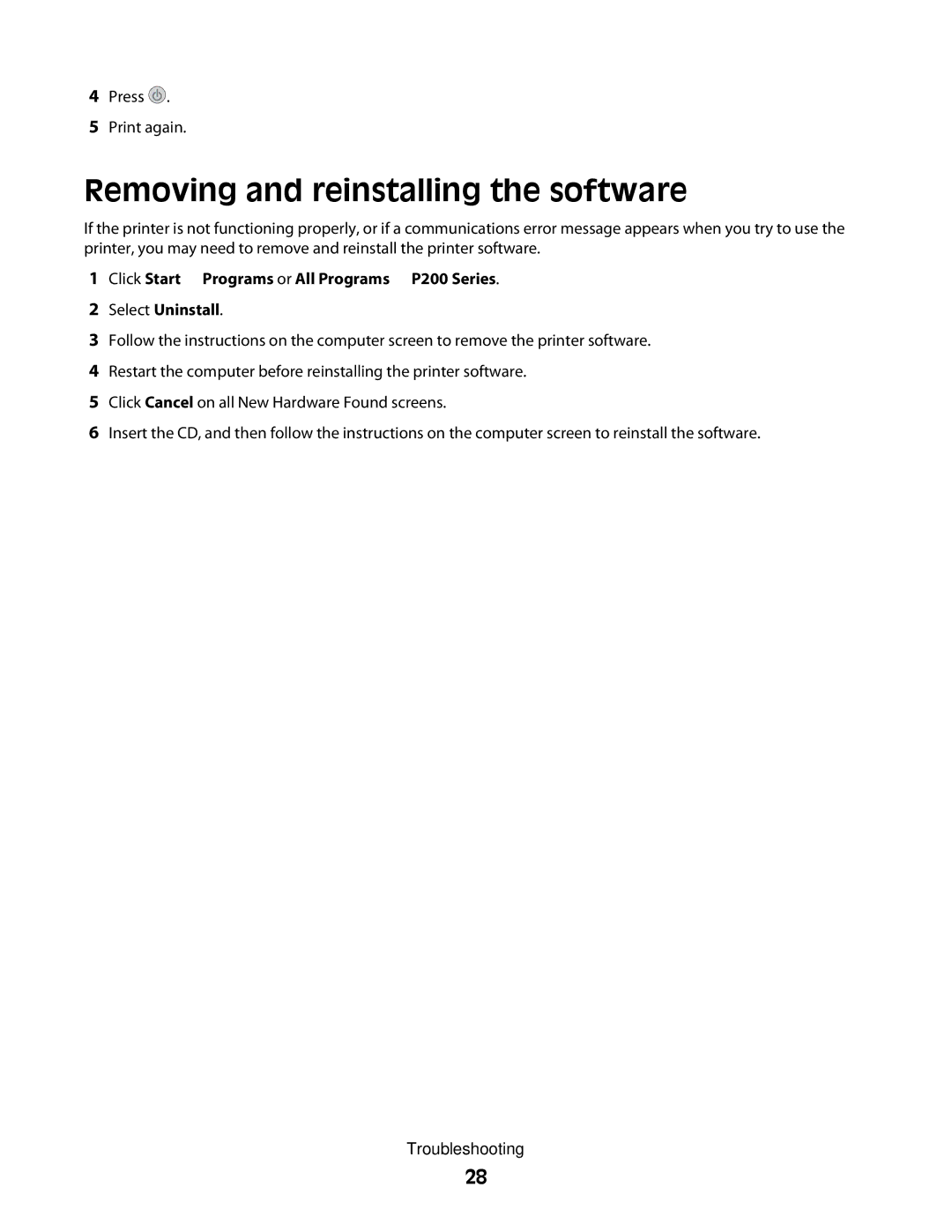 Lexmark P200 Series manual Removing and reinstalling the software 