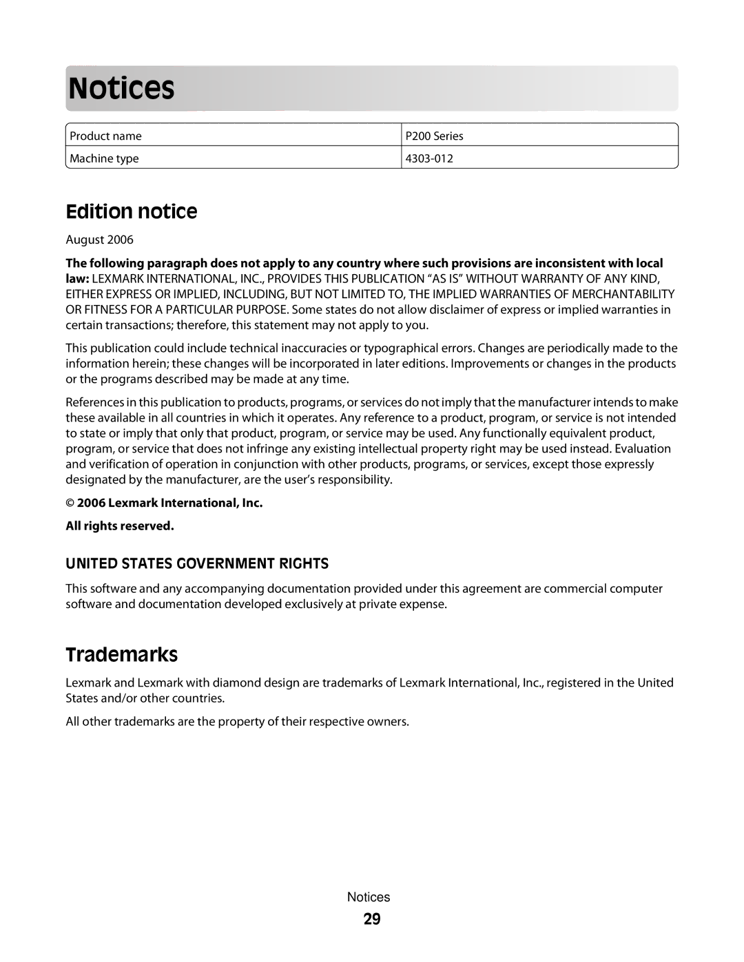 Lexmark P200 Series manual Edition notice, Trademarks 