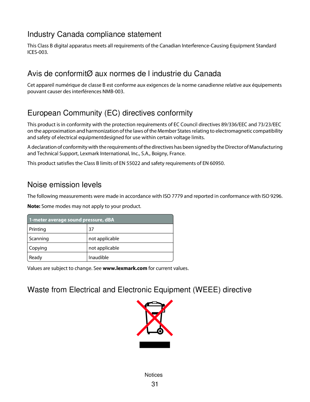 Lexmark P200 Series manual Industry Canada compliance statement, Avis de conformité aux normes de l’industrie du Canada 