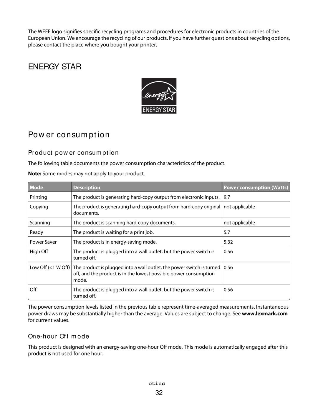 Lexmark P200 Series manual Energy Star, Power consumption 