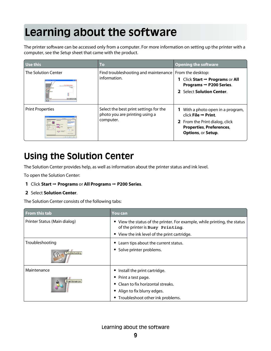 Lexmark P200 Series manual Learnin g about the s o ftw are, Using the Solution Center 