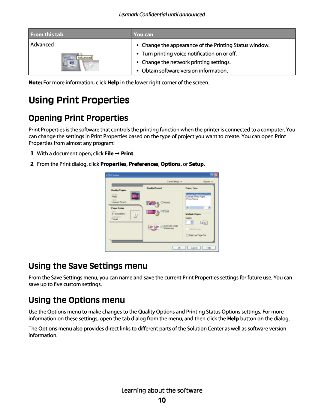 Lexmark P200 manual Using Print Properties, Opening Print Properties, Using the Save Settings menu, Using the Options menu 