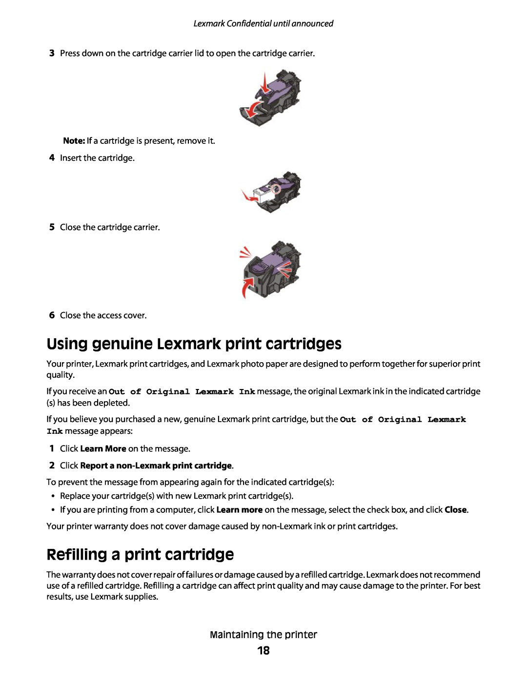 Lexmark P200 Using genuine Lexmark print cartridges, Refilling a print cartridge, Lexmark Confidential until announced 