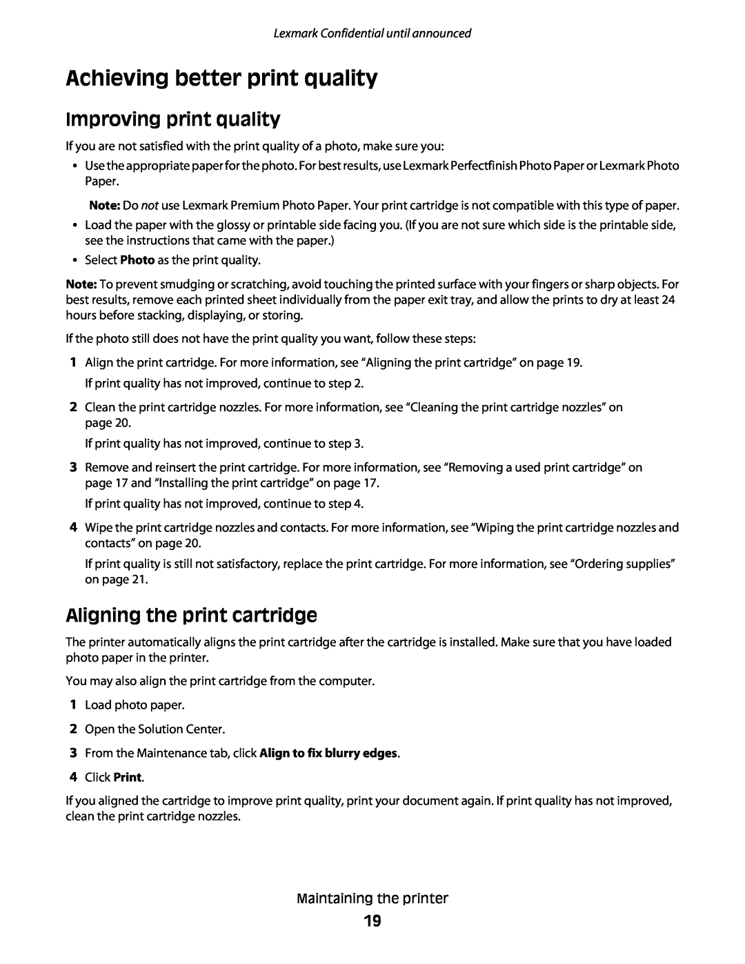 Lexmark P200 manual Achieving better print quality, Improving print quality, Aligning the print cartridge 