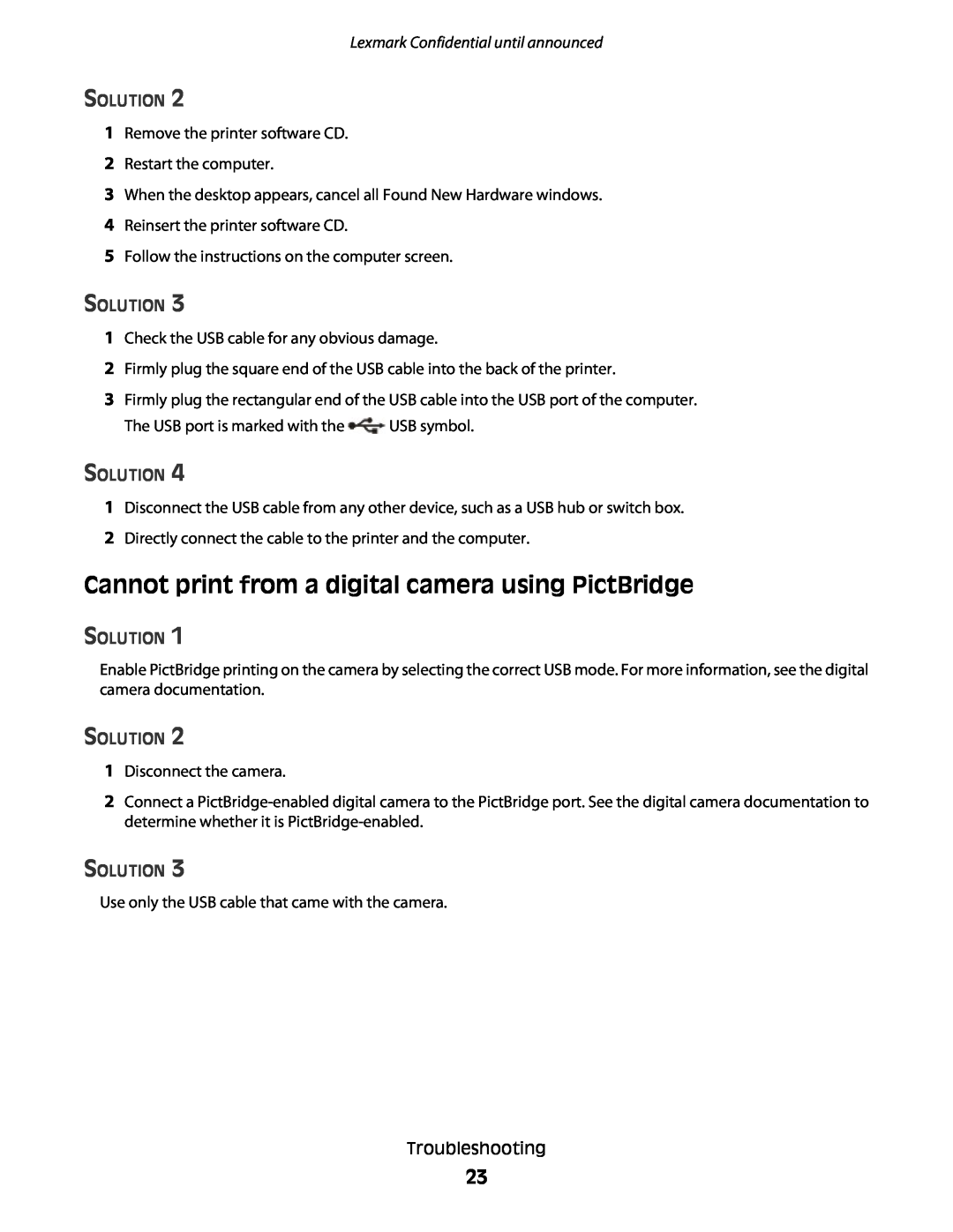 Lexmark P200 manual Cannot print from a digital camera using PictBridge, Lexmark Confidential until announced, Solution 
