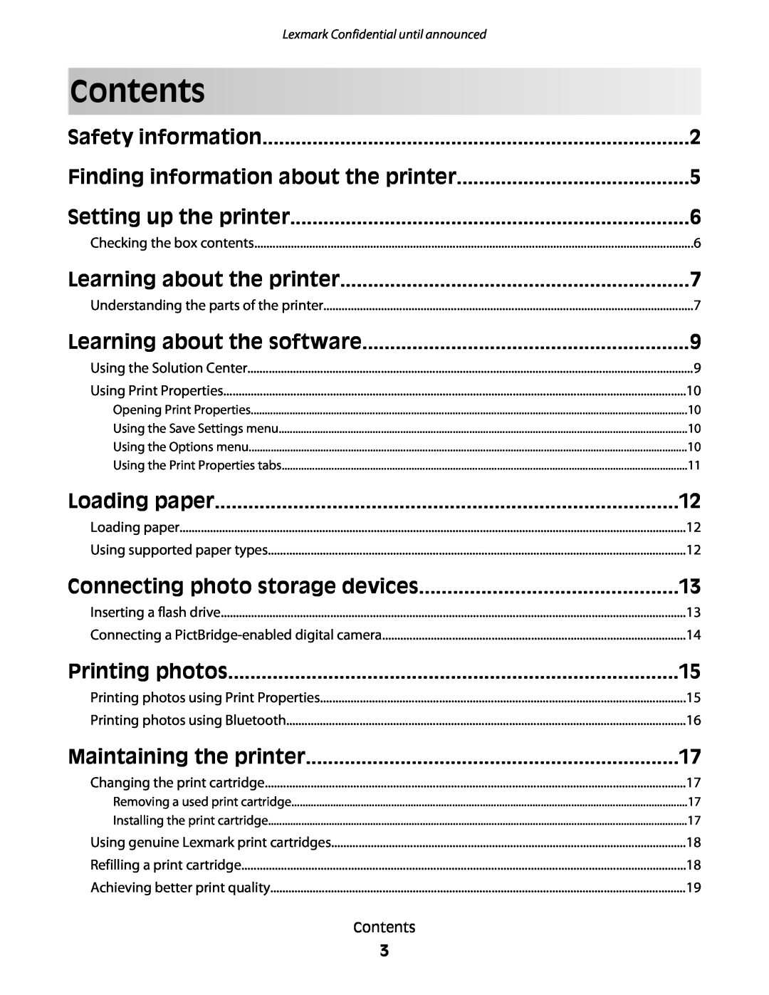 Lexmark P200 Contents, Safety information, Finding information about the printer, Setting up the printer, Loading paper 