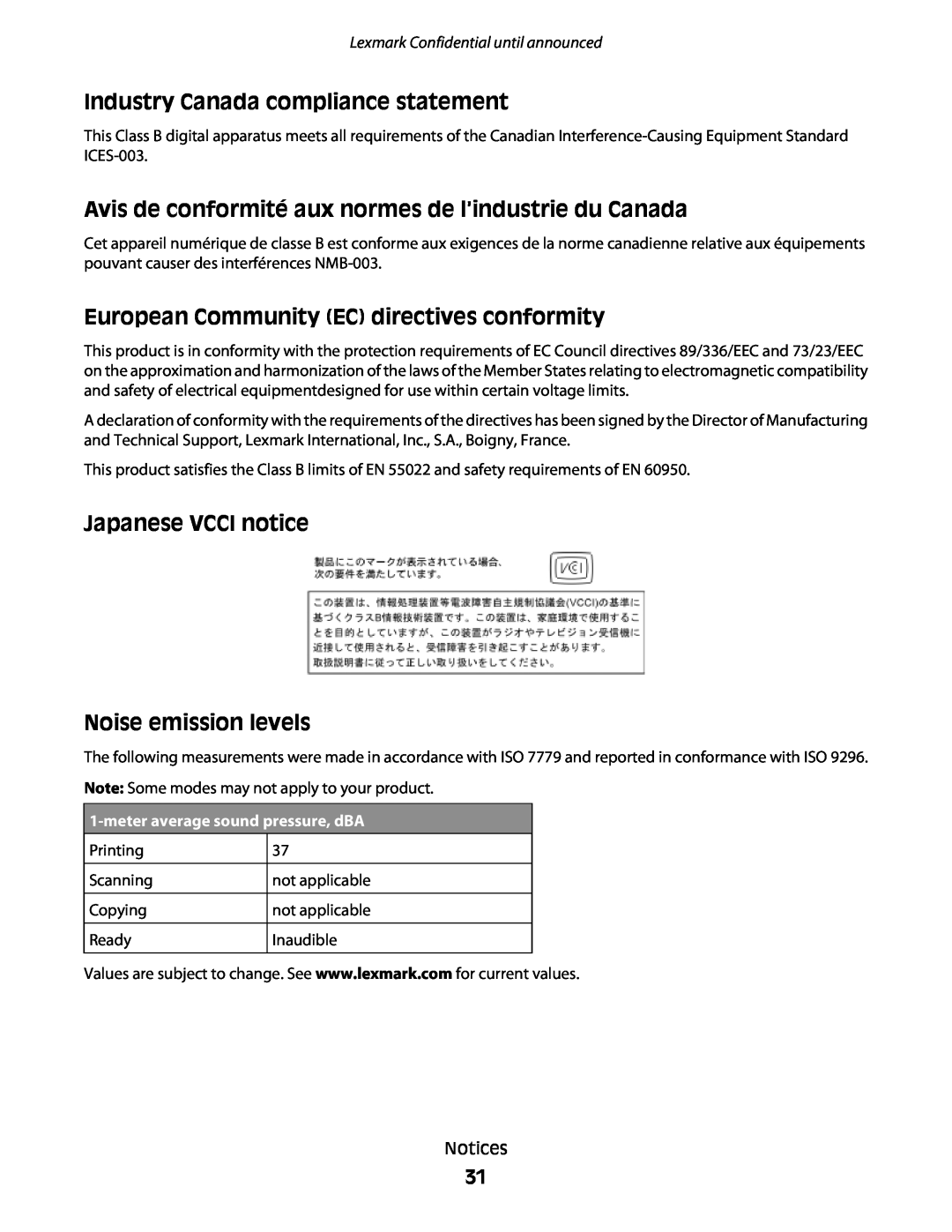 Lexmark P200 manual Industry Canada compliance statement, Avis de conformité aux normes de l’industrie du Canada 