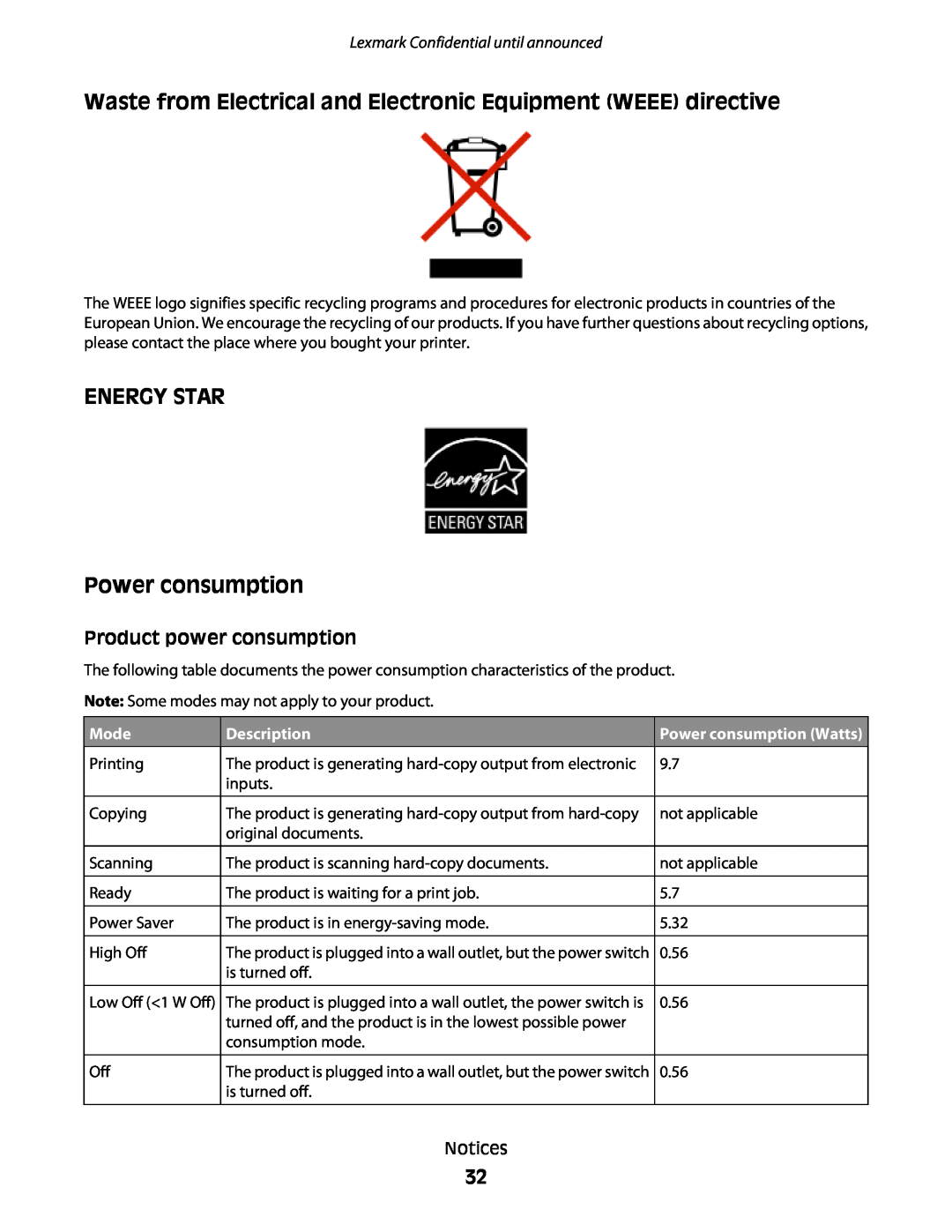 Lexmark P200 manual Waste from Electrical and Electronic Equipment WEEE directive, ENERGY STAR Power consumption, Mode 