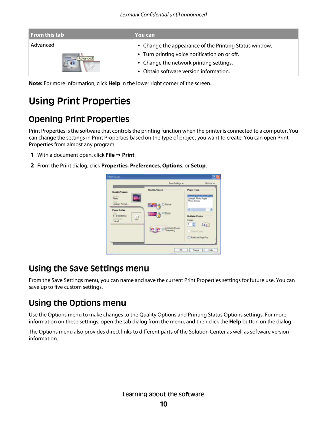 Lexmark P200 manual Using Print Properties, Opening Print Properties, Using the Save Settings menu, Using the Options menu 