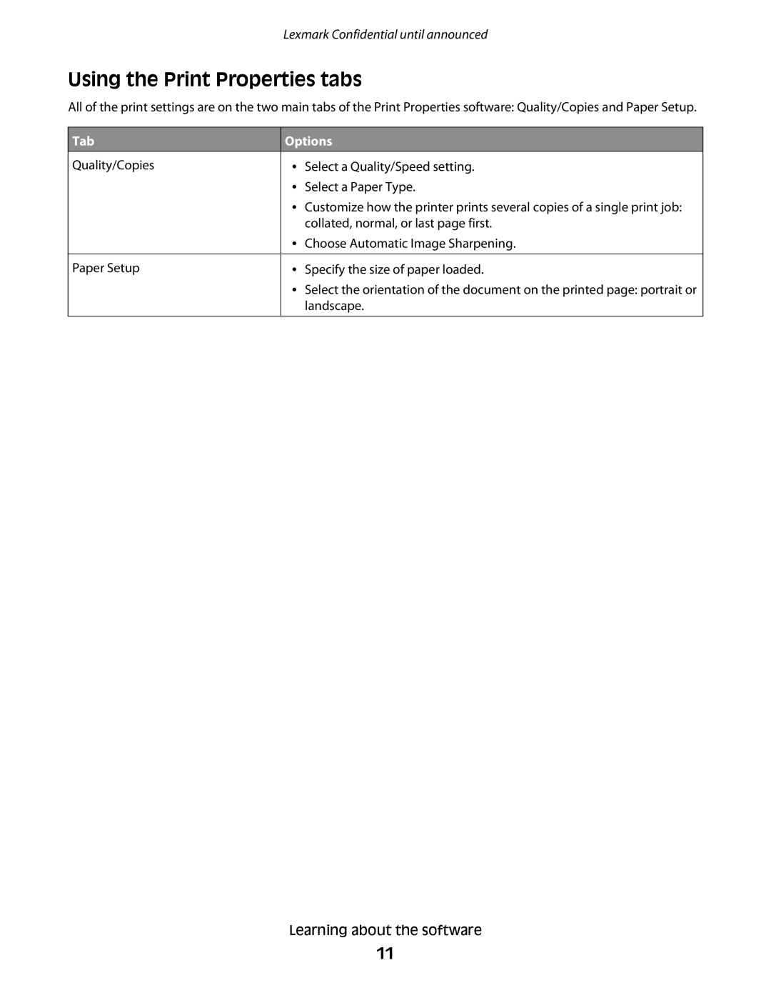 Lexmark P200 manual Using the Print Properties tabs, Tab, Options 