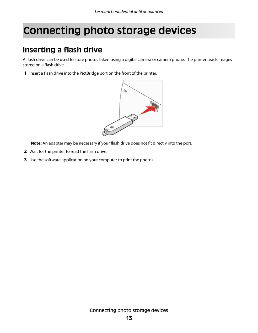 Lexmark P200 manual Connecting photo storage devices, Inserting a flash drive 