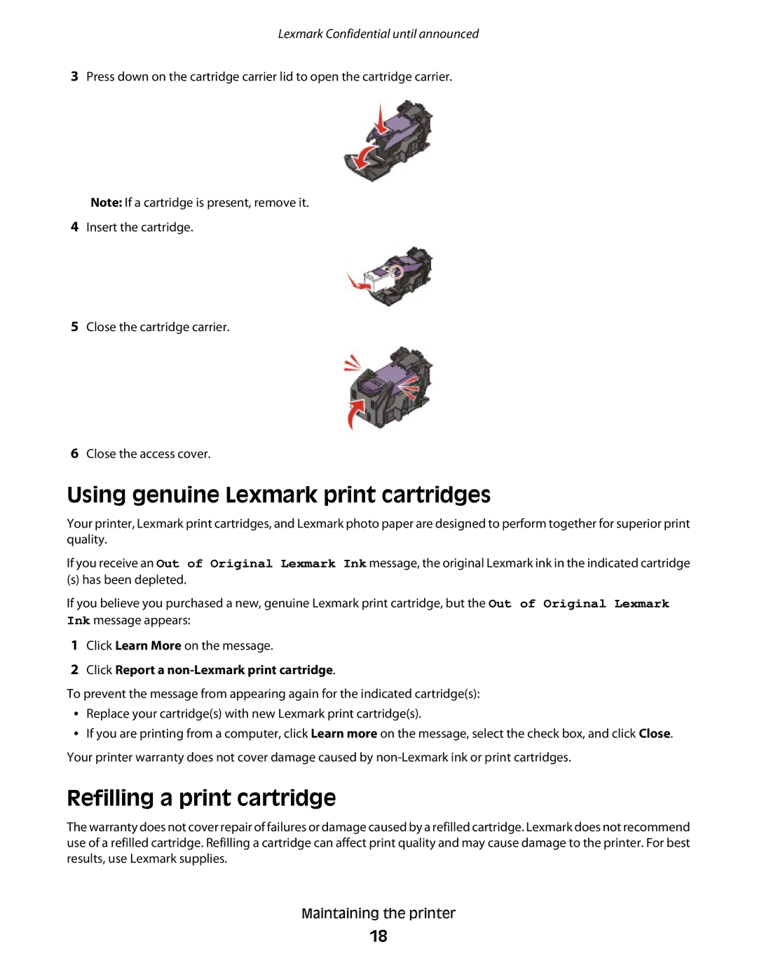 Lexmark P200 manual Using genuine Lexmark print cartridges, Refilling a print cartridge 