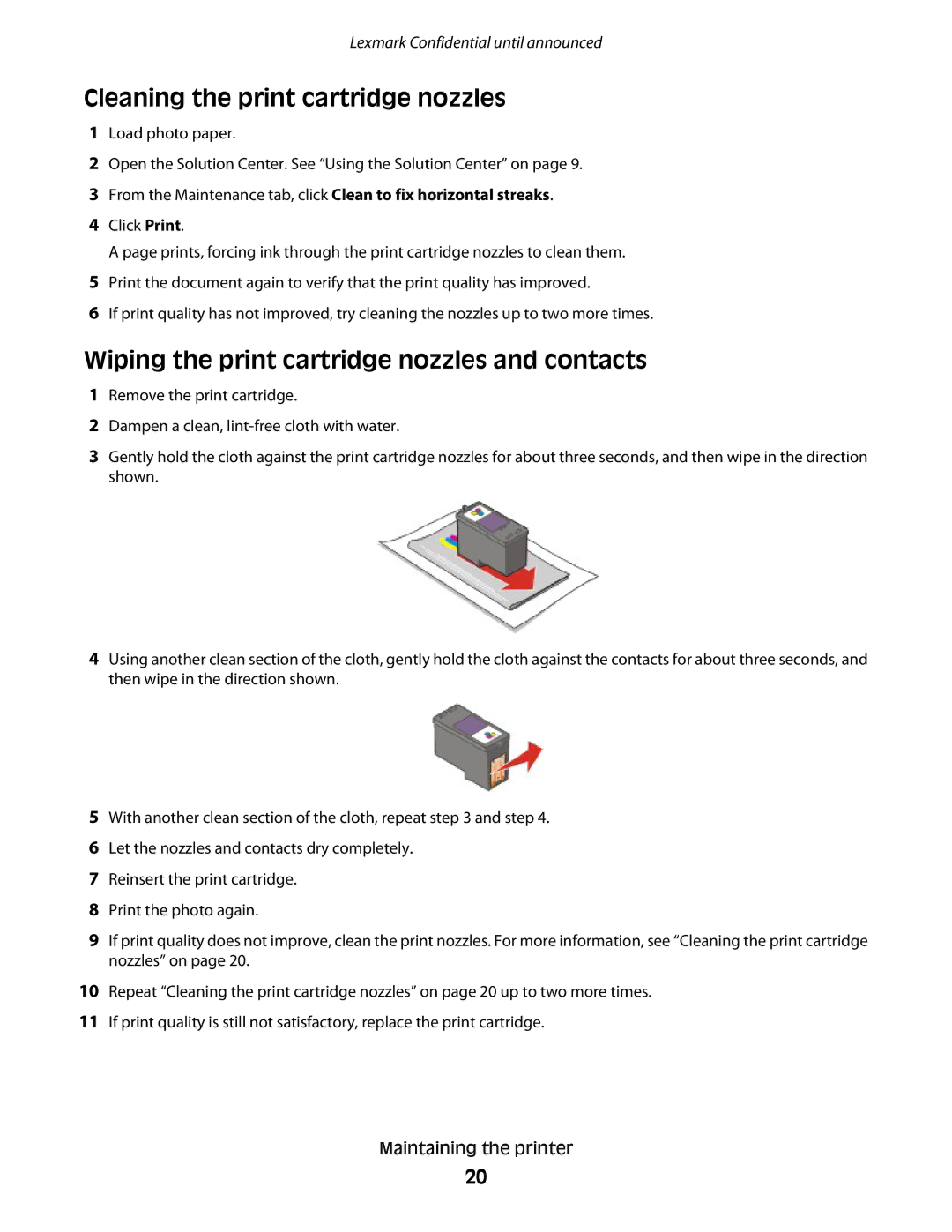 Lexmark P200 manual Cleaning the print cartridge nozzles, Wiping the print cartridge nozzles and contacts 