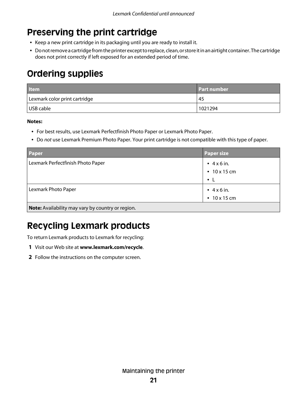 Lexmark P200 manual Preserving the print cartridge, Ordering supplies, Recycling Lexmark products 