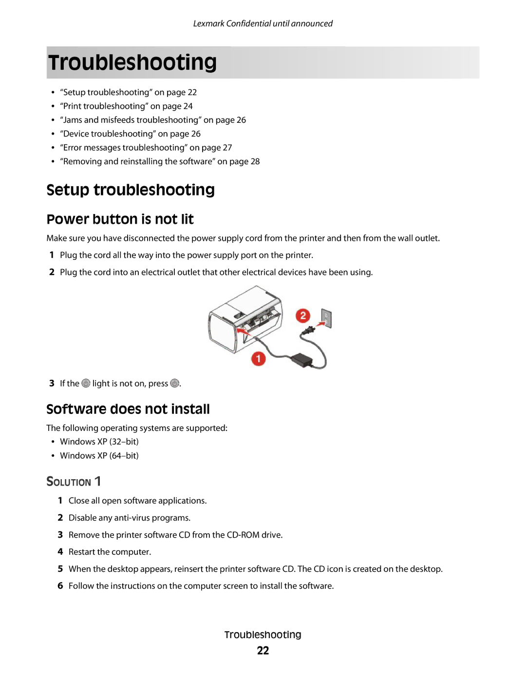 Lexmark P200 manual Troubleshooting, Setup troubleshooting, Power button is not lit, Software does not install 