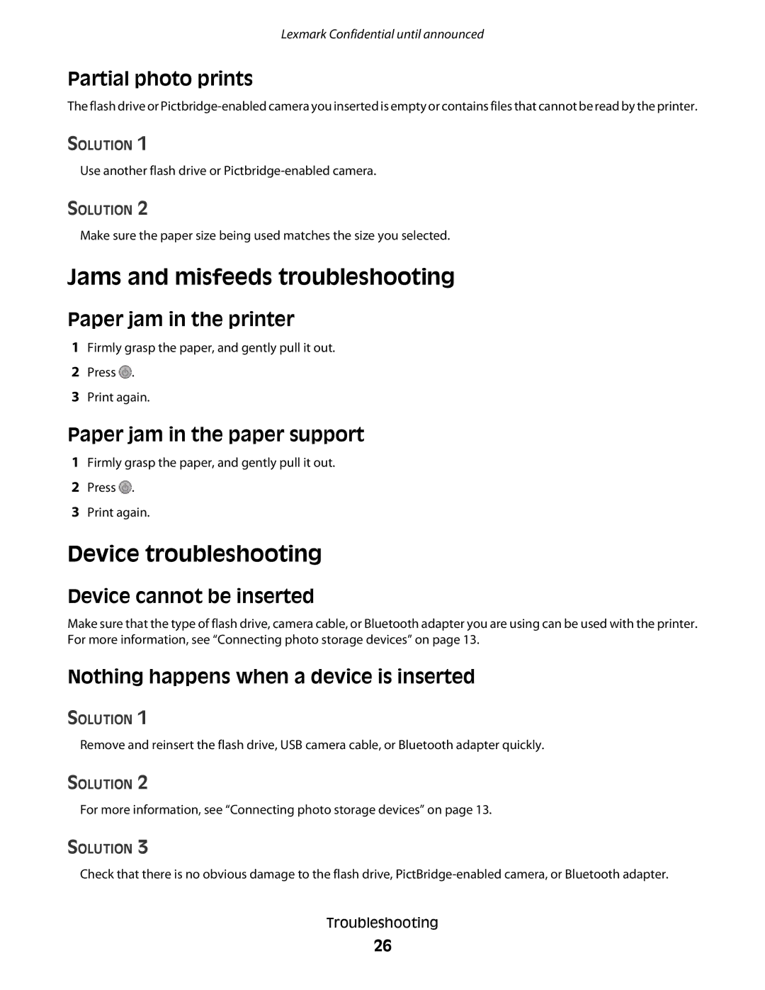 Lexmark P200 manual Jams and misfeeds troubleshooting, Device troubleshooting 