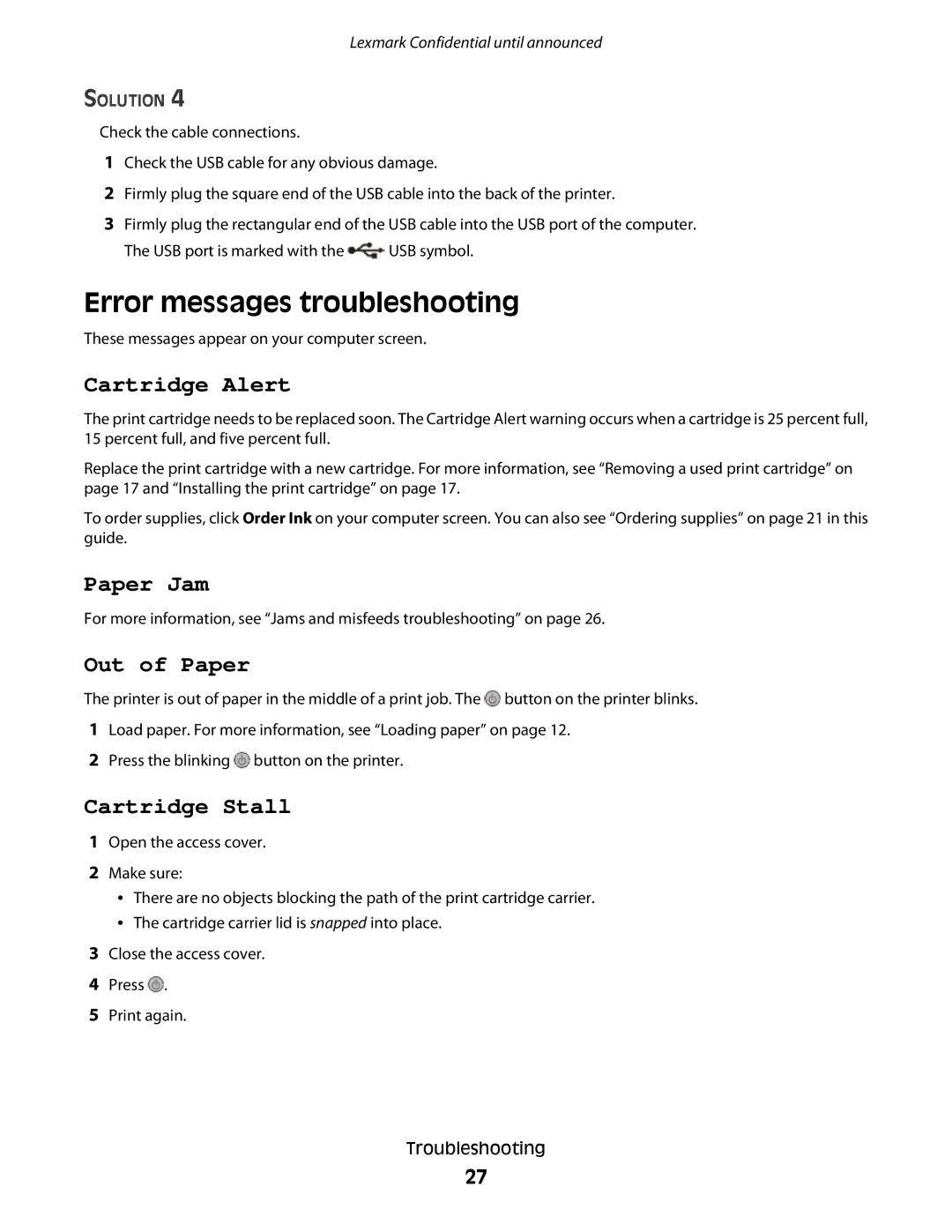 Lexmark P200 manual Error messages troubleshooting, Cartridge Alert 