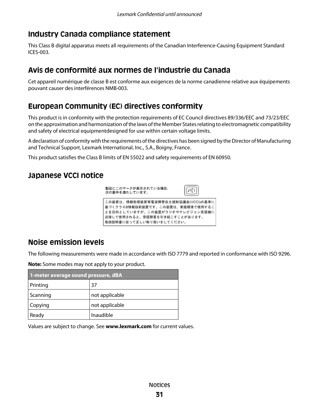 Lexmark P200 manual Industry Canada compliance statement, Meter average sound pressure, dBA 