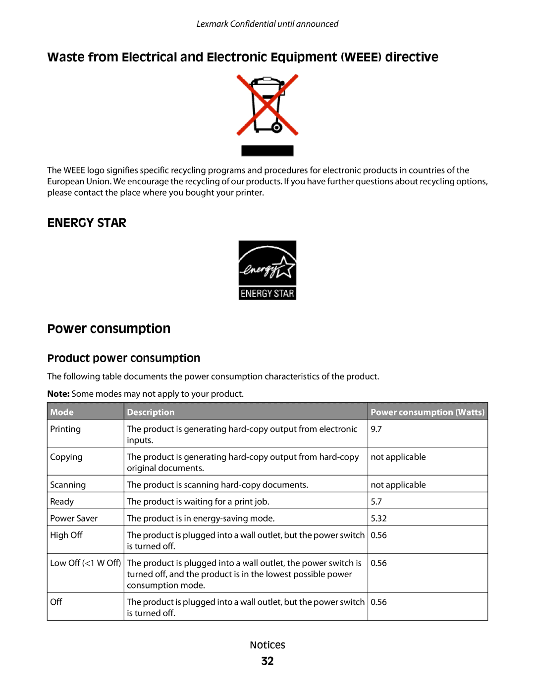 Lexmark P200 manual Mode, Description Power consumption Watts 