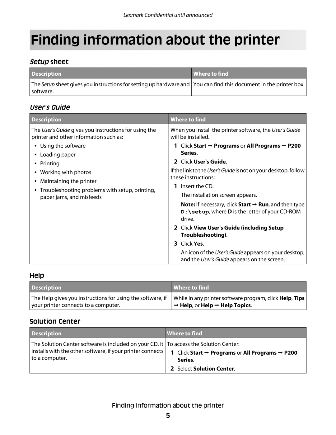 Lexmark P200 manual Finding information about the printer, Description Where to find 