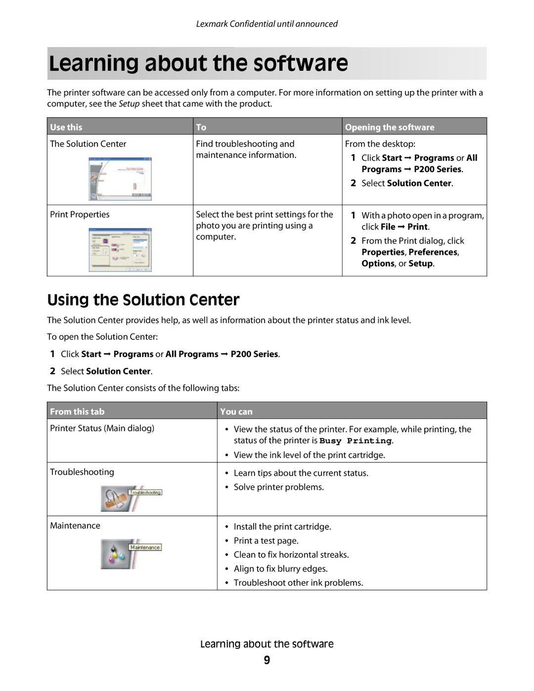 Lexmark P200 manual Learning about the software, Using the Solution Center 