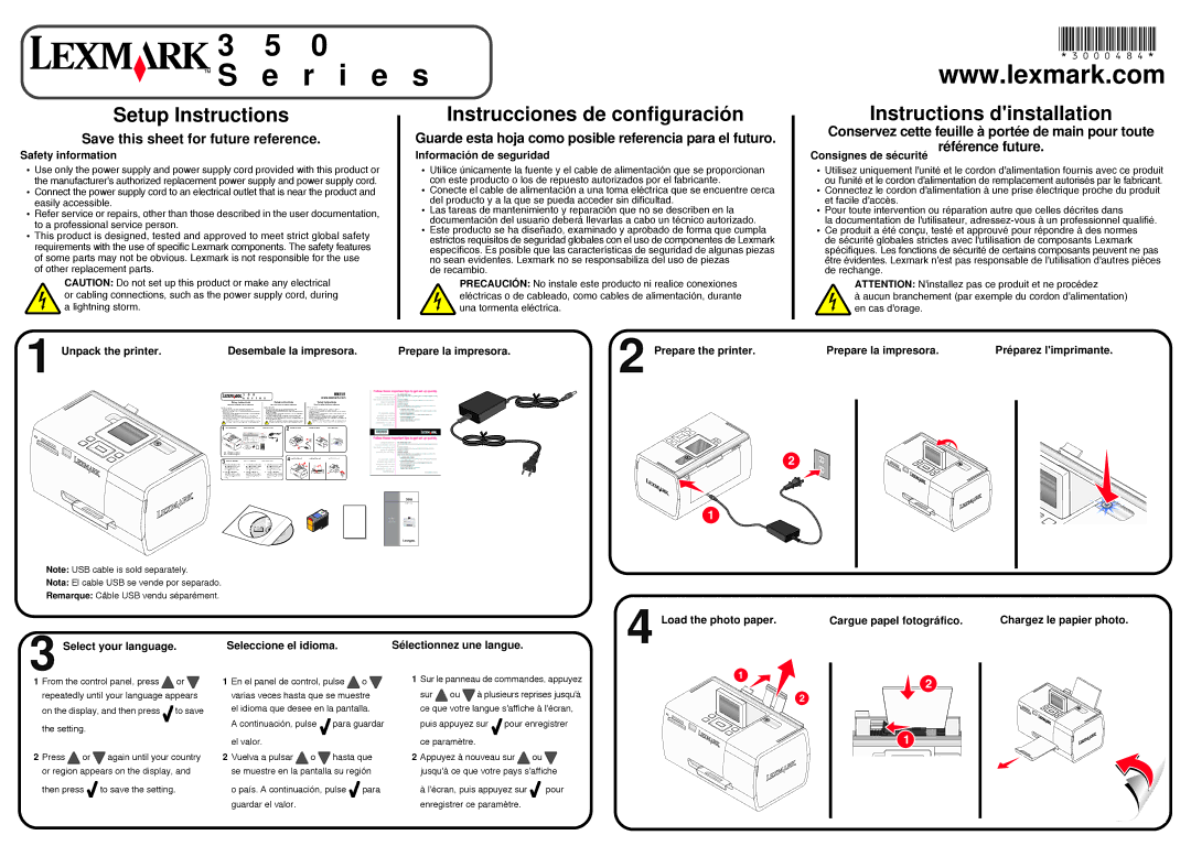 Lexmark P350 manual Setup Instructions, Instrucciones de configuración, Instructions dinstallation 