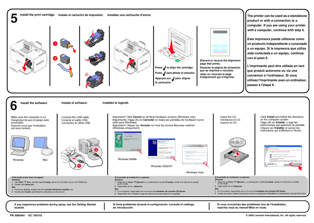 Lexmark P350 manual Install the software Instale el software, If the Install screen does not appear Windows, Mac 