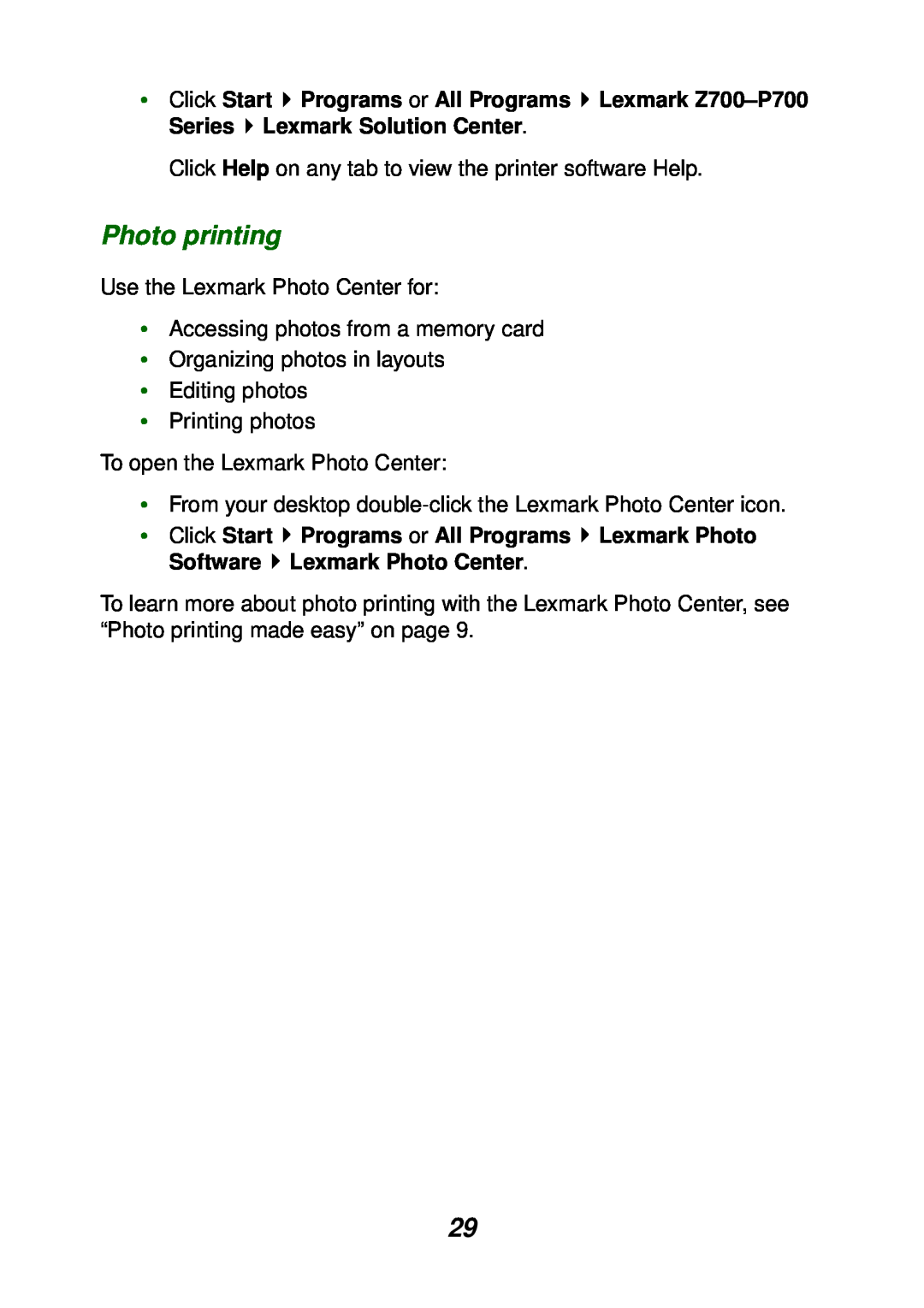 Lexmark P700 manual Photo printing 