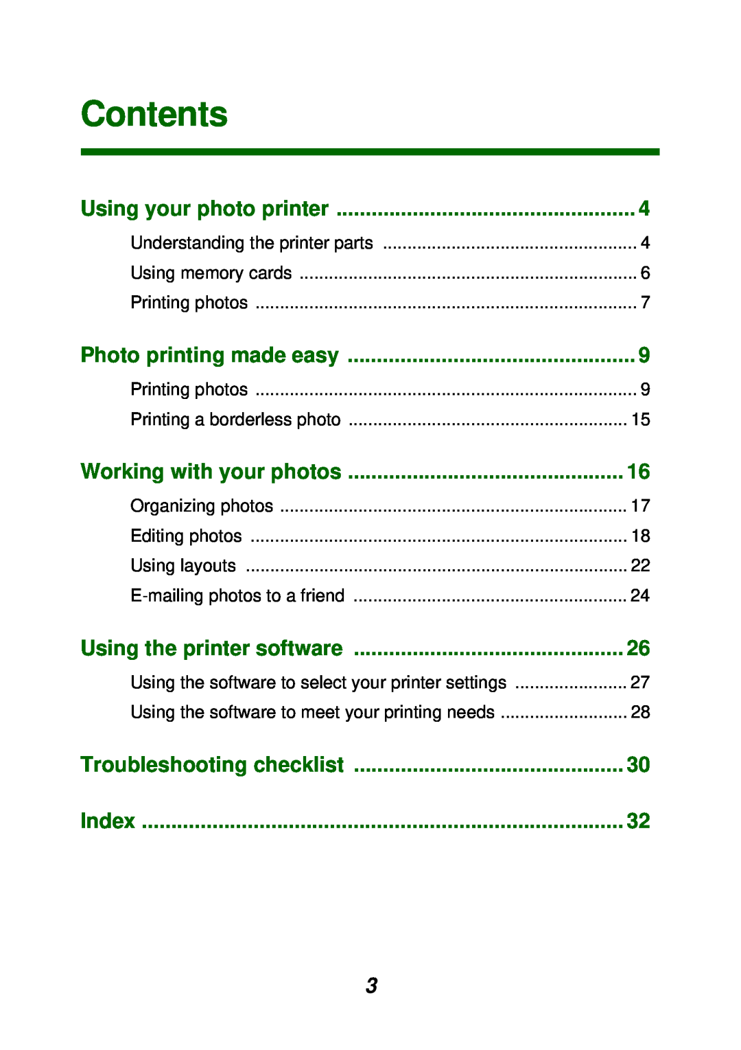Lexmark P700 manual Contents, Using your photo printer, Photo printing made easy, Working with your photos, Index 