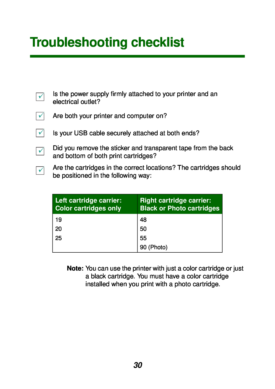Lexmark P700 manual Troubleshooting checklist, Left cartridge carrier, Right cartridge carrier, Color cartridges only 