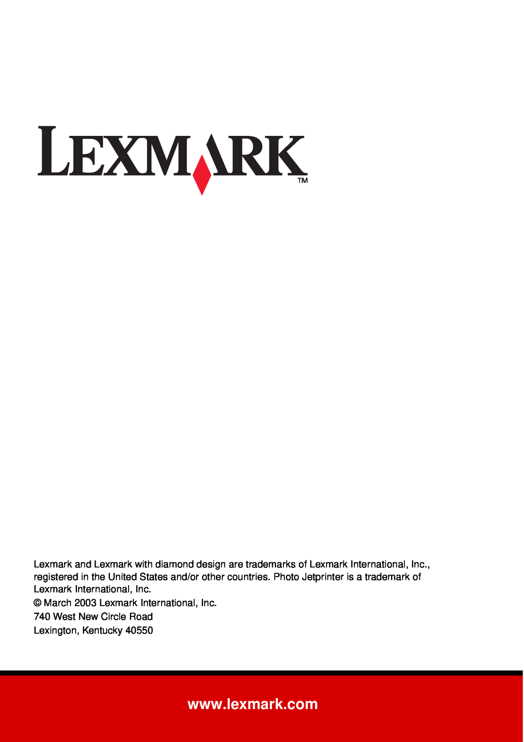 Lexmark P700 manual March 2003 Lexmark International, Inc 740 West New Circle Road, Lexington, Kentucky 