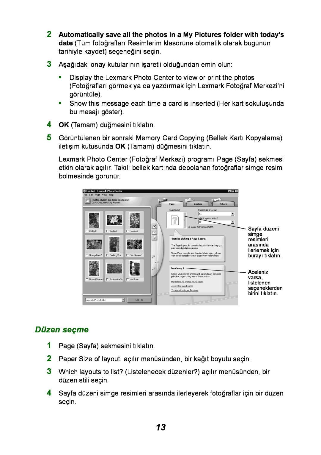 Lexmark P700 manual Düzen seçme 
