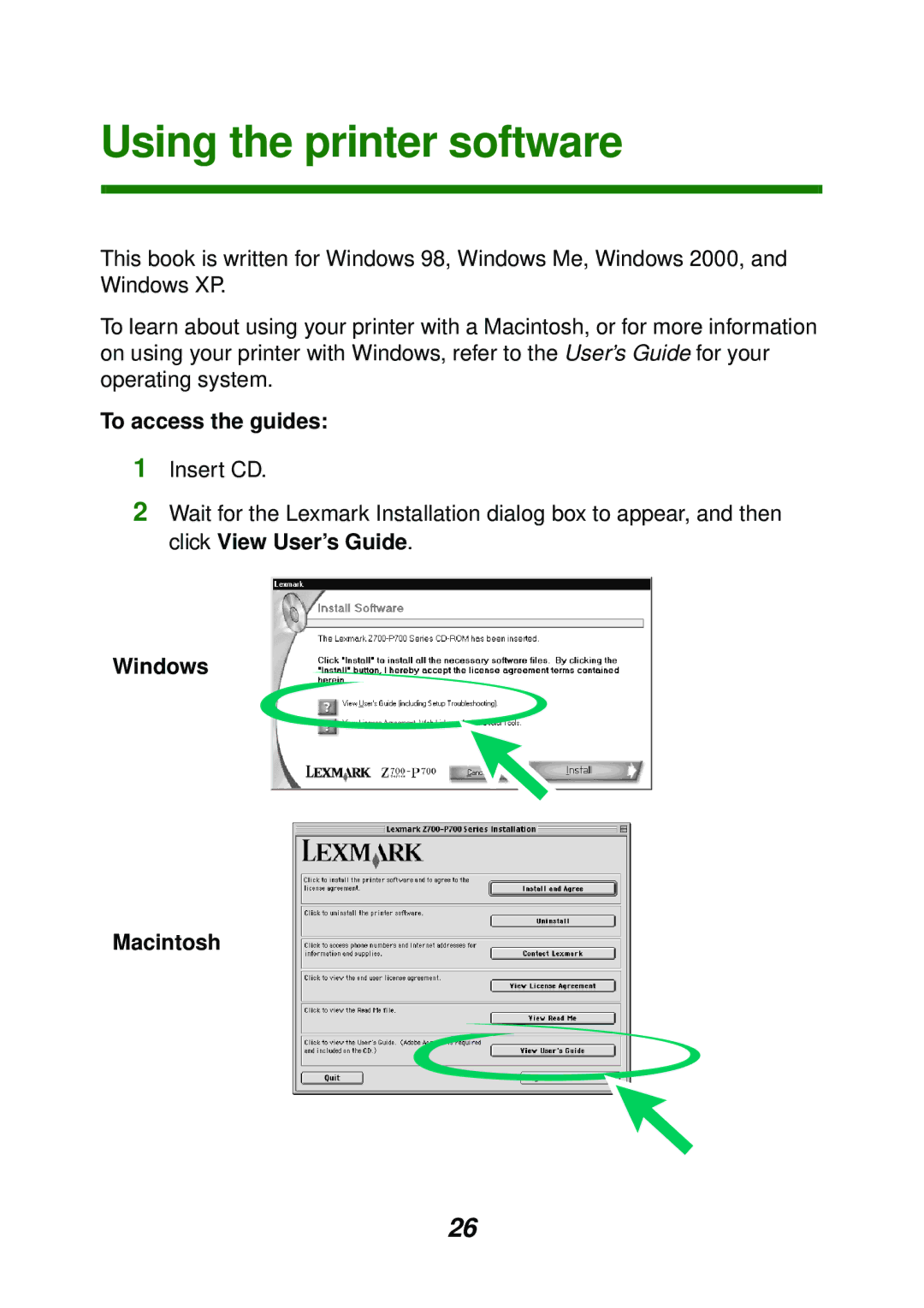 Lexmark P700 manual Using the printer software, To access the guides 