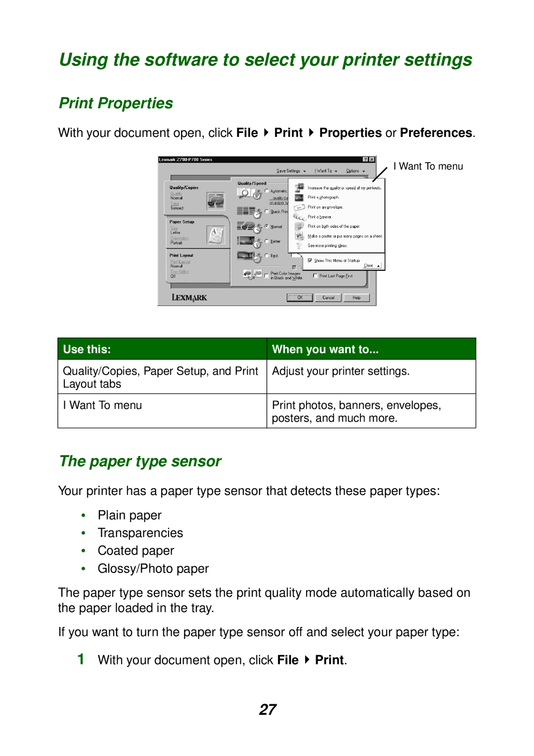 Lexmark P700 manual Using the software to select your printer settings, Print Properties, Paper type sensor 