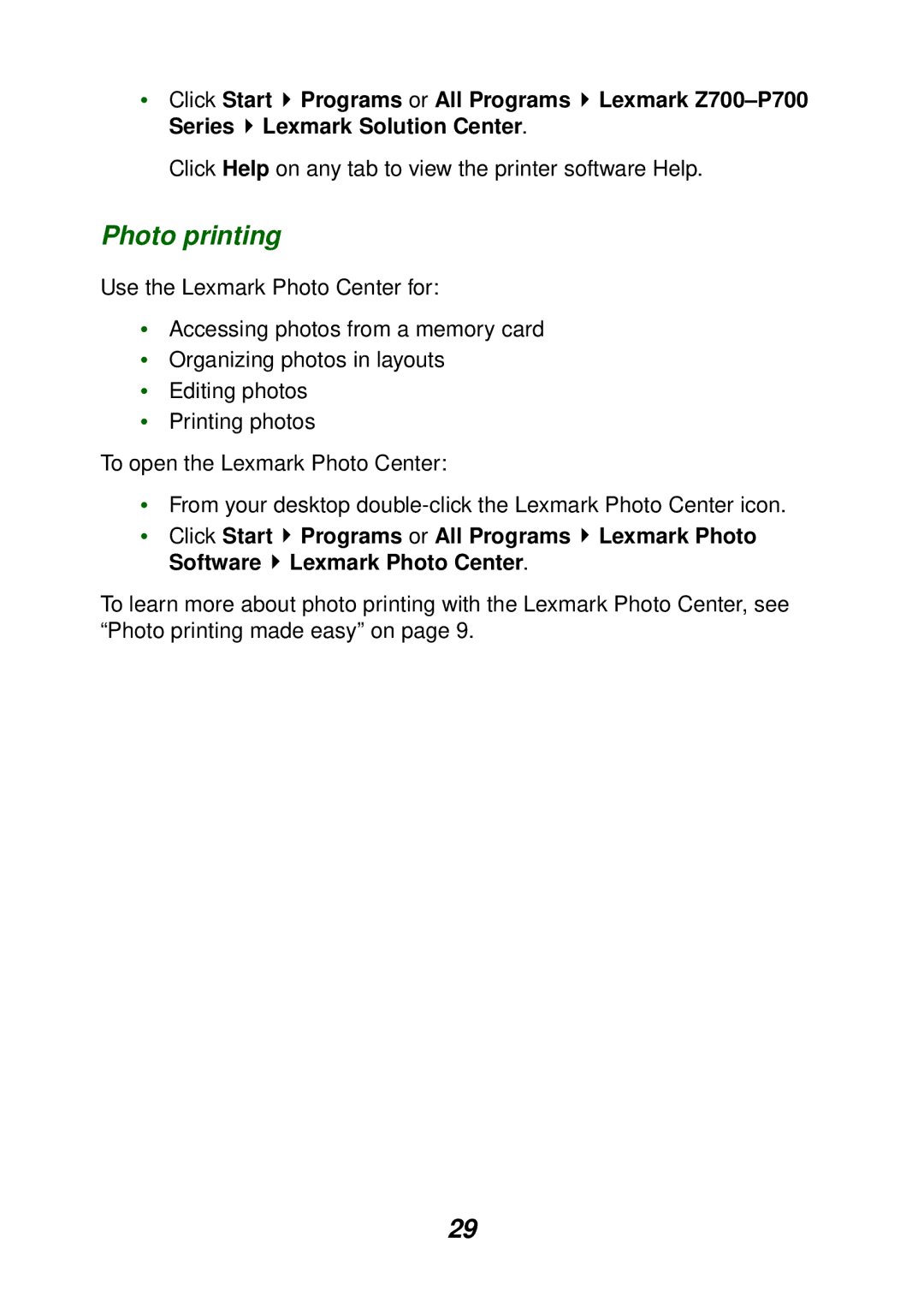 Lexmark P700 manual Photo printing 