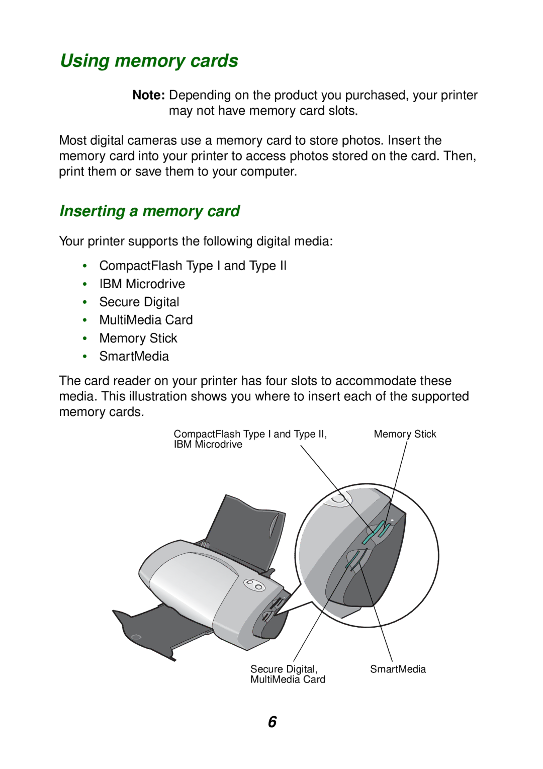 Lexmark P700 manual Using memory cards, Inserting a memory card 