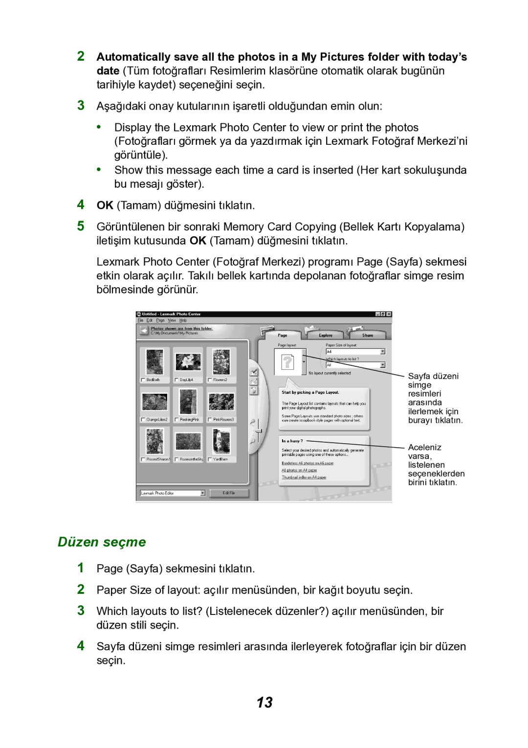 Lexmark P700 manual Düzen seçme 