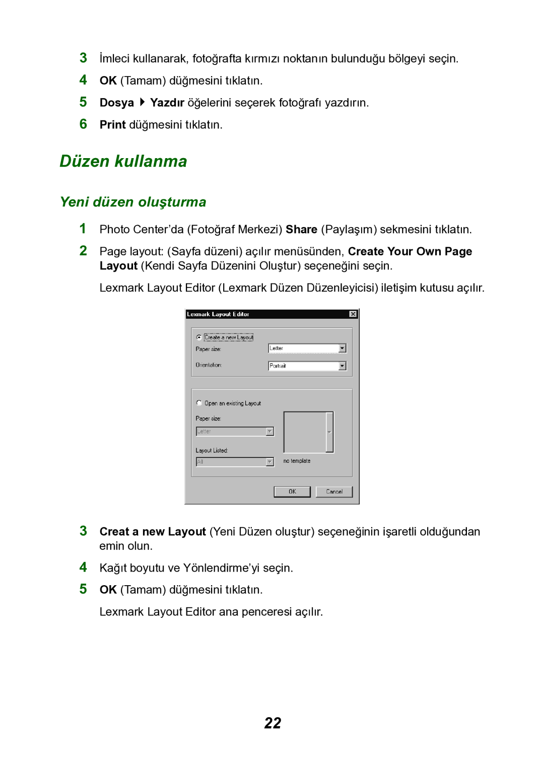 Lexmark P700 manual Düzen kullanma, Yeni düzen oluşturma 