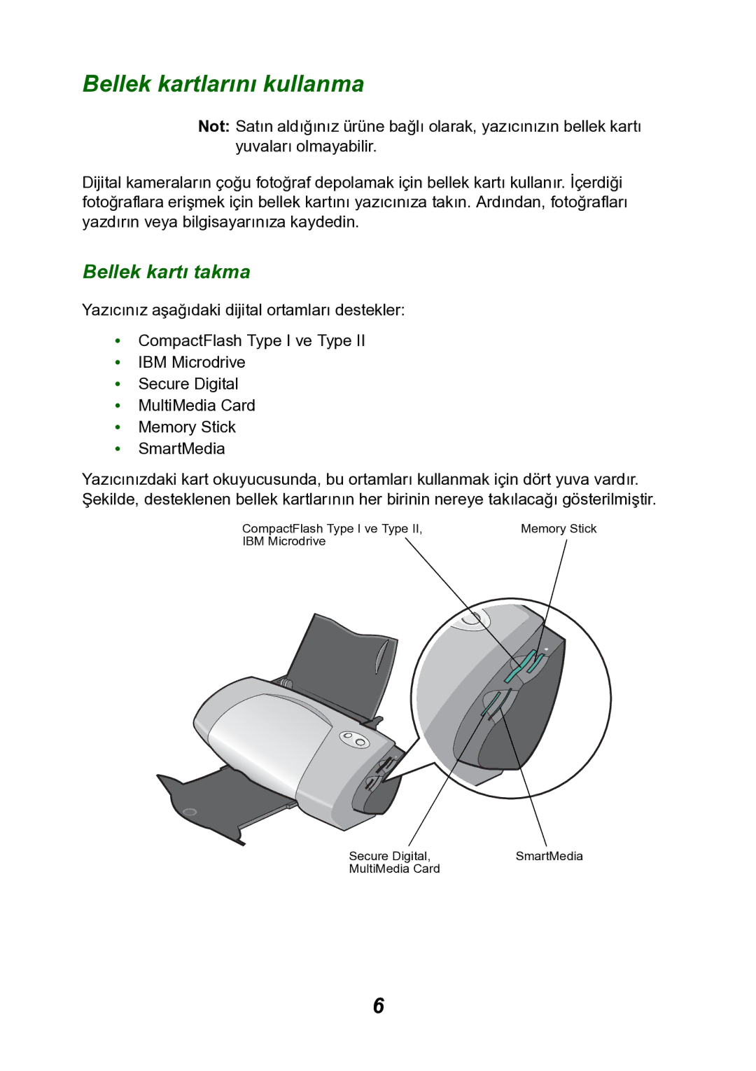 Lexmark P700 manual Bellek kartlarını kullanma, Bellek kartı takma 