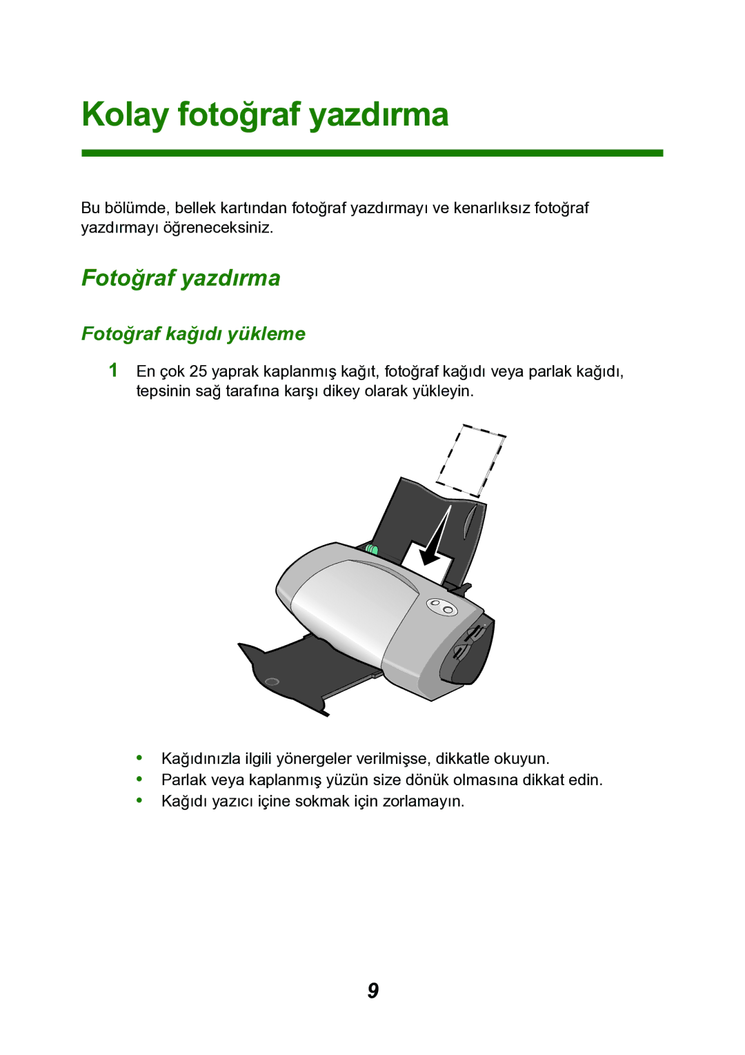 Lexmark P700 manual Kolay fotoğraf yazdırma, Fotoğraf kağıdı yükleme 