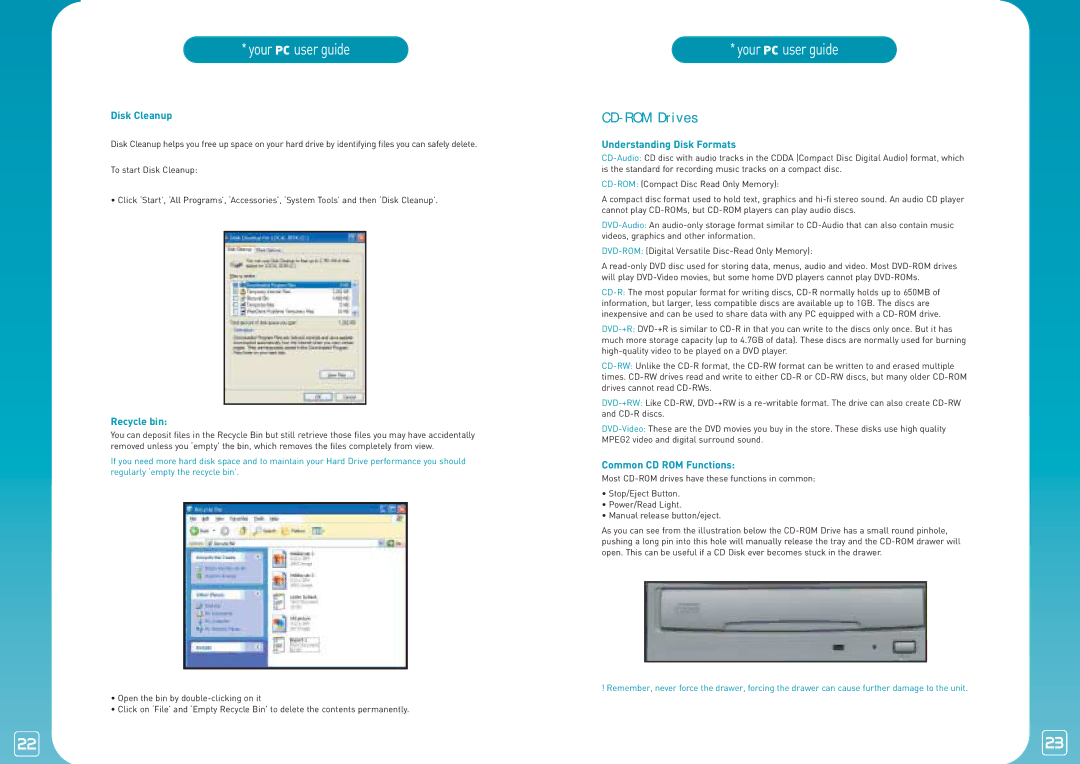 Lexmark PC manual CD-ROM Drives, Disk Cleanup, Recycle bin, Understanding Disk Formats, Common CD ROM Functions 