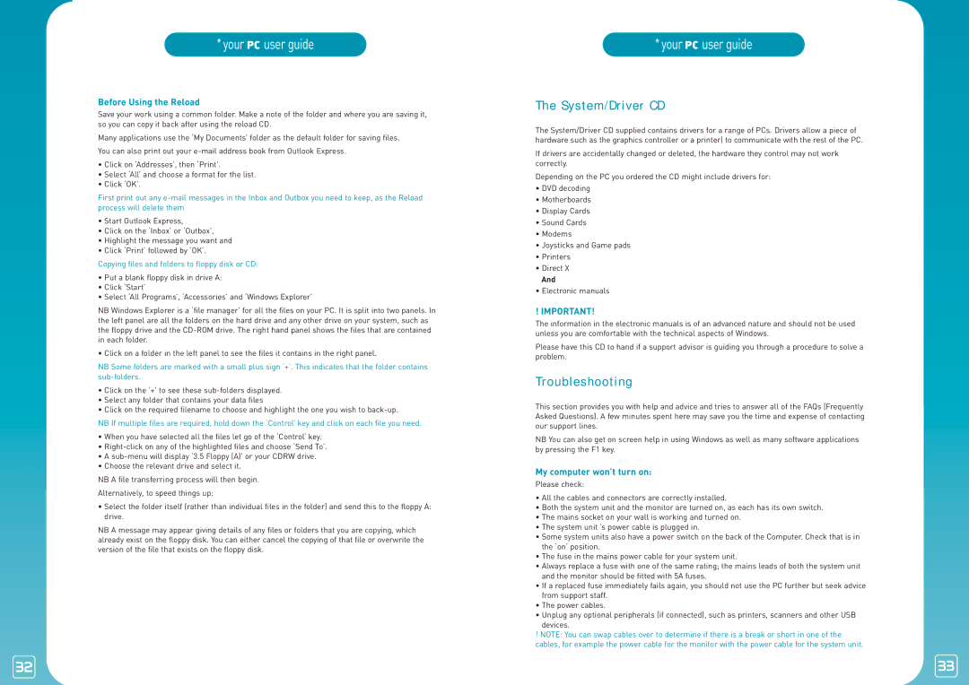 Lexmark PC manual System/Driver CD, Troubleshooting, Before Using the Reload, My computer won’t turn on 