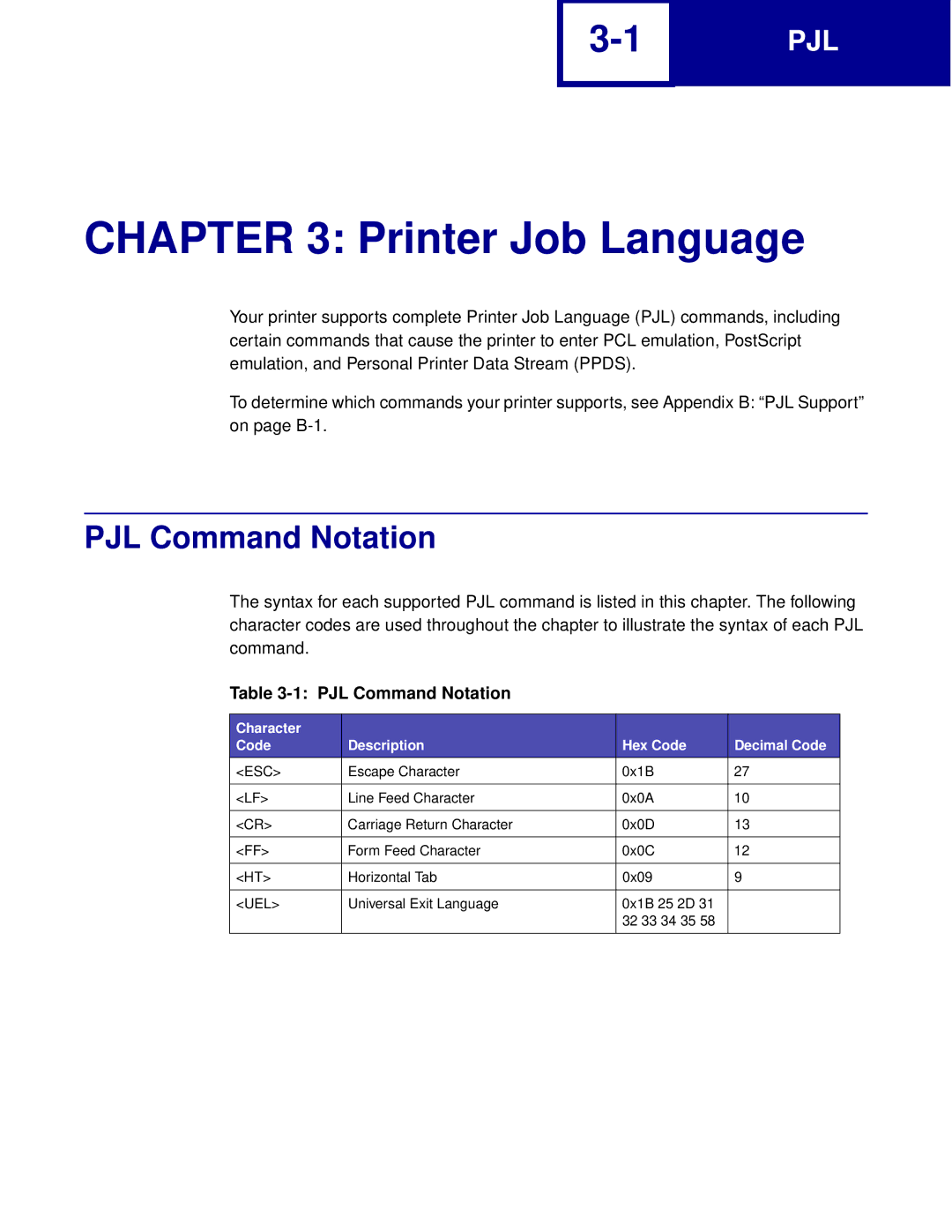 Lexmark Printer manual PJL Command Notation, Character Code Description Hex Code Decimal Code, Esc, Uel 