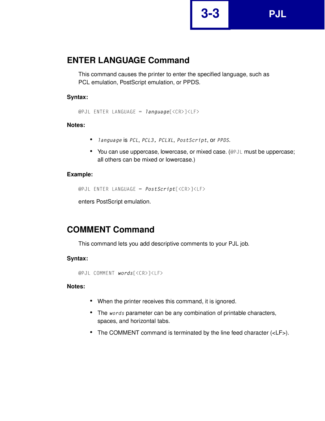 Lexmark Printer manual Enter Language Command, Comment Command 