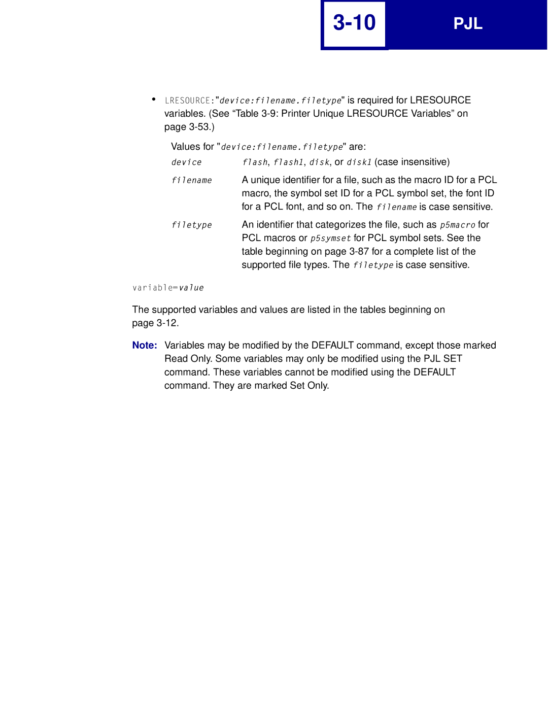 Lexmark Printer manual Values for devicefilename.filetype are Device 