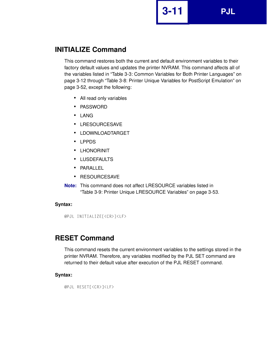 Lexmark Printer manual Initialize Command, Reset Command 