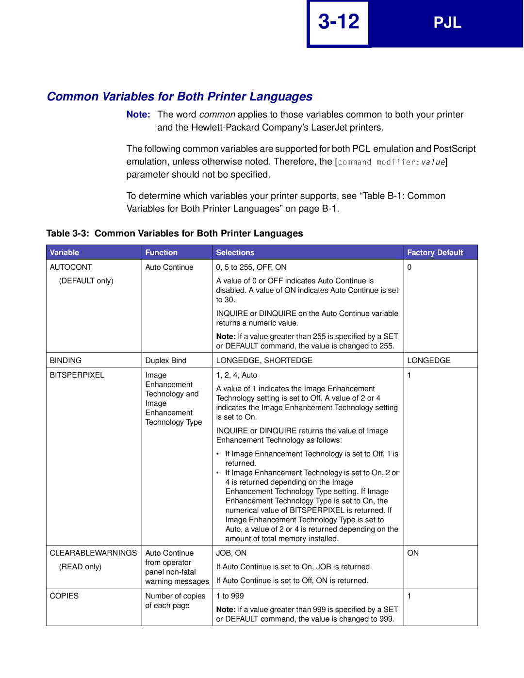 Lexmark manual Common Variables for Both Printer Languages, Variable Function Selections Factory Default 