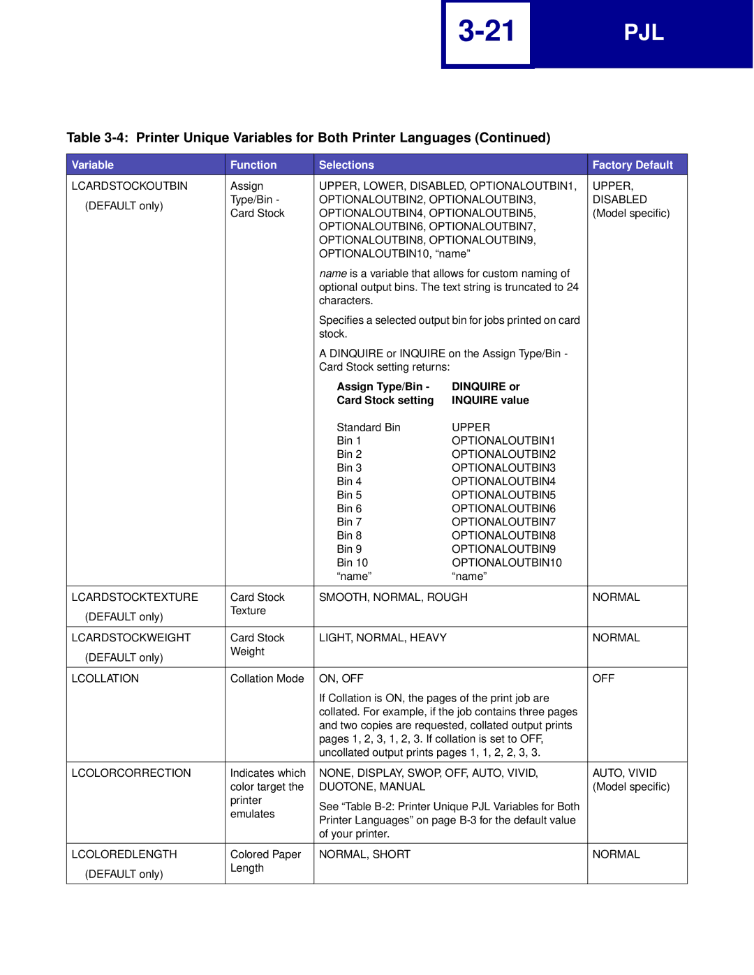 Lexmark Printer manual Lcardstockoutbin, OPTIONALOUTBIN2, OPTIONALOUTBIN3 Disabled, Lcardstocktexture, Lcardstockweight 