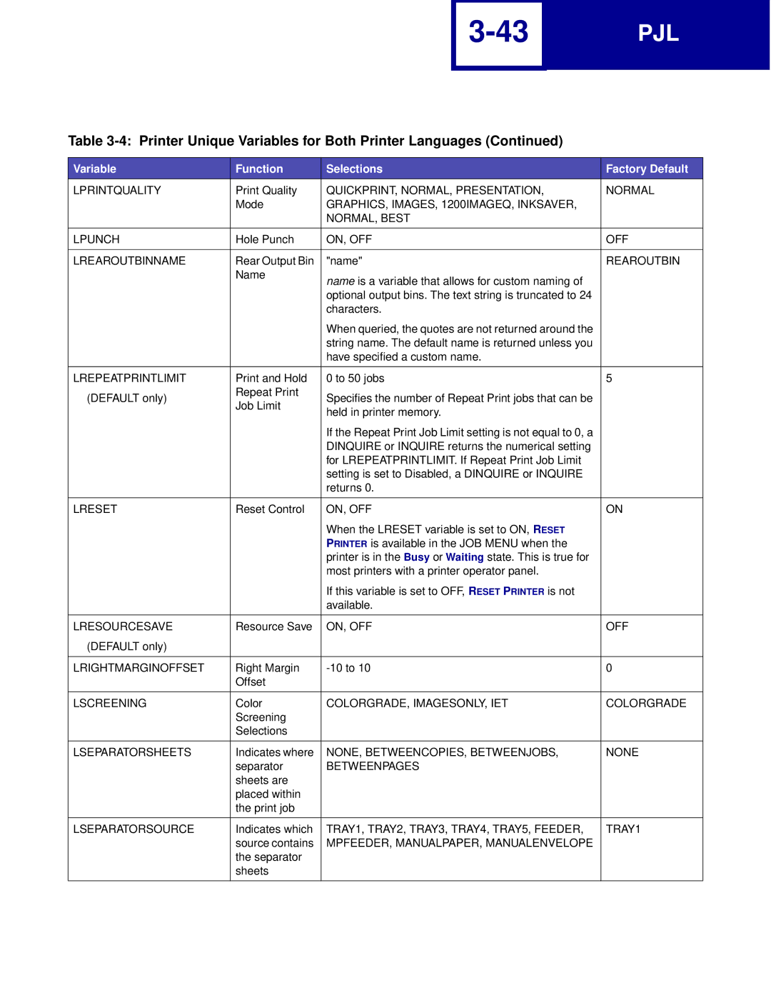 Lexmark Printer manual Lprintquality, QUICKPRINT, NORMAL, Presentation Normal, ON, OFF Lrearoutbinname, Rearoutbin, Lreset 